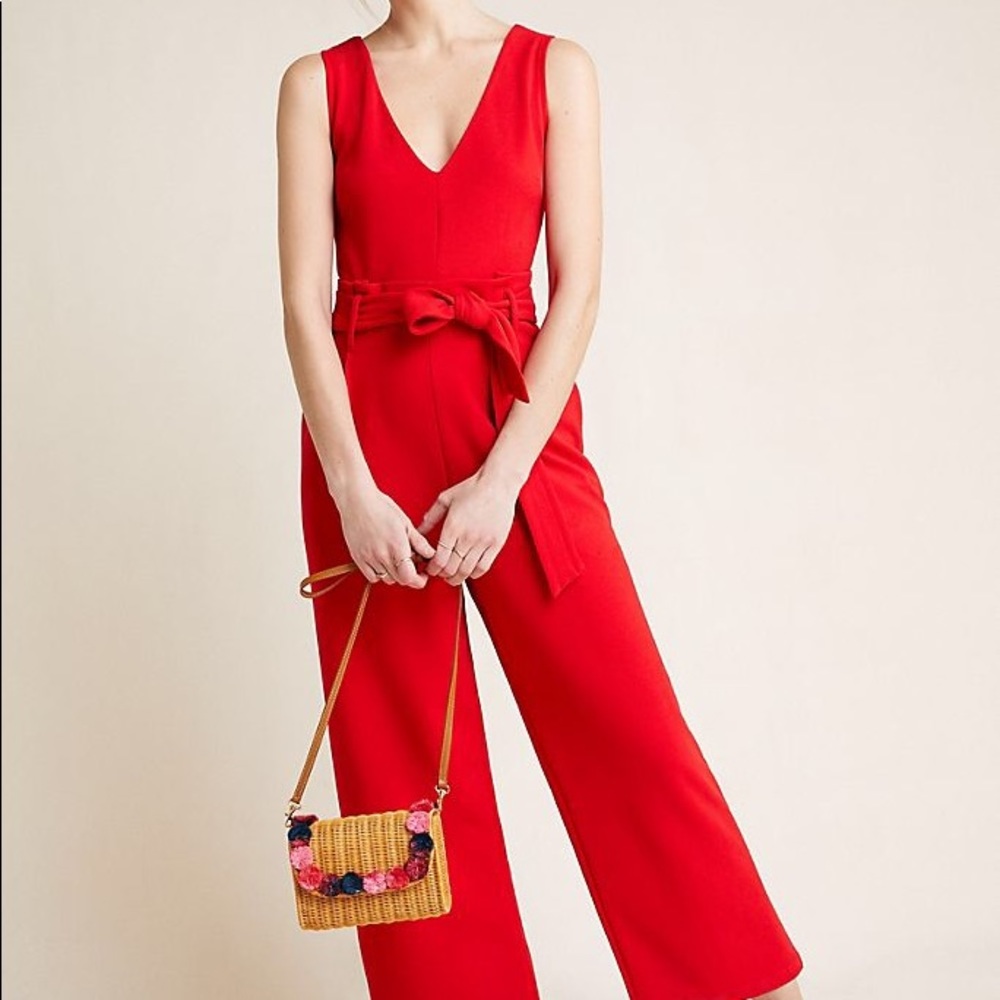 ANTHROPOLOGIE RED CATHY STRUCTURED JUMPSUIT SZ M